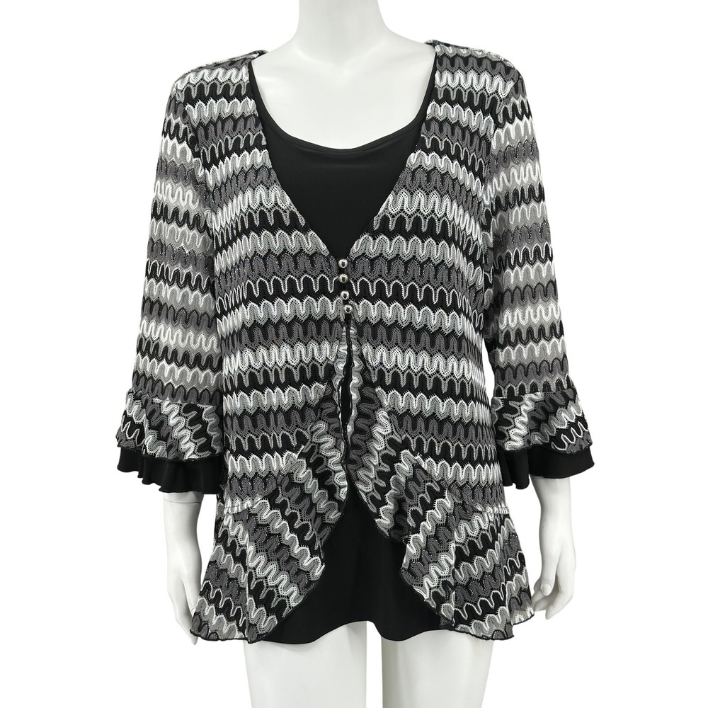 New Directions Top Womens 2X Black Silver Metallic Layered Zigzag 3/4 Sleeve
